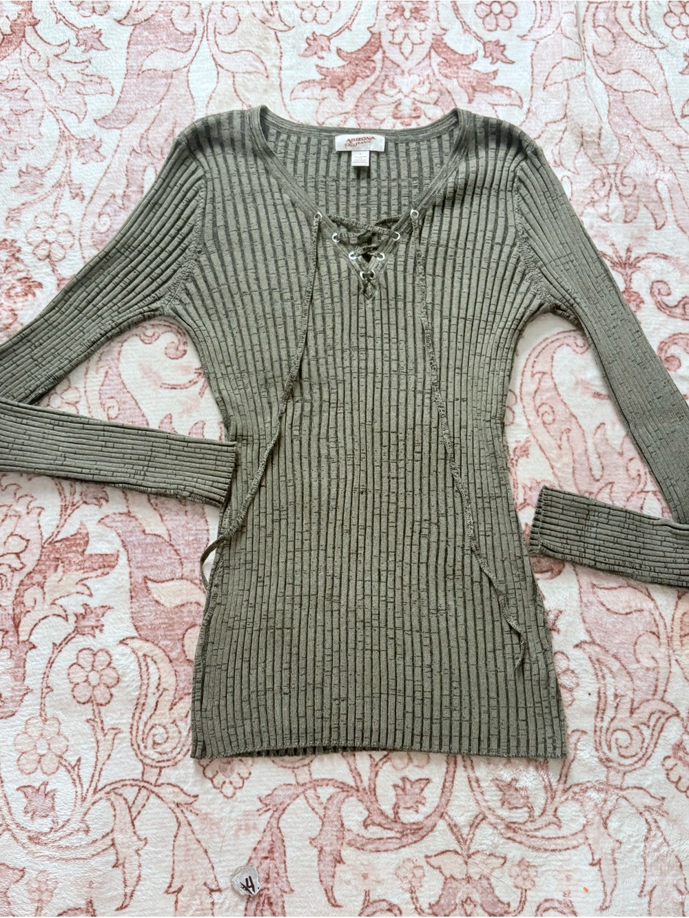 Arizona Jean Company Olive Lace-Up Ribbed V-Neck Sweater